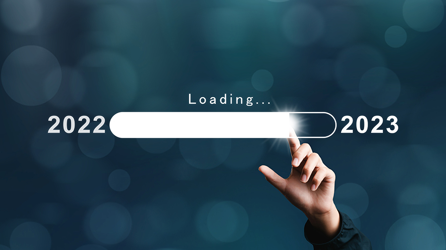 Businessman pointing bar numbers loading virtual new year 2023 to countdown from 2022 merry christmas arrangements. goal plan. goal concept. action plan, strategy, new year business vision