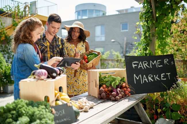 Female gardener selling organic crops and picking up a bountiful basket full of fresh produce