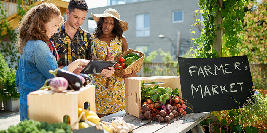 Female gardener selling organic crops and picking up a bountiful basket full of fresh produce