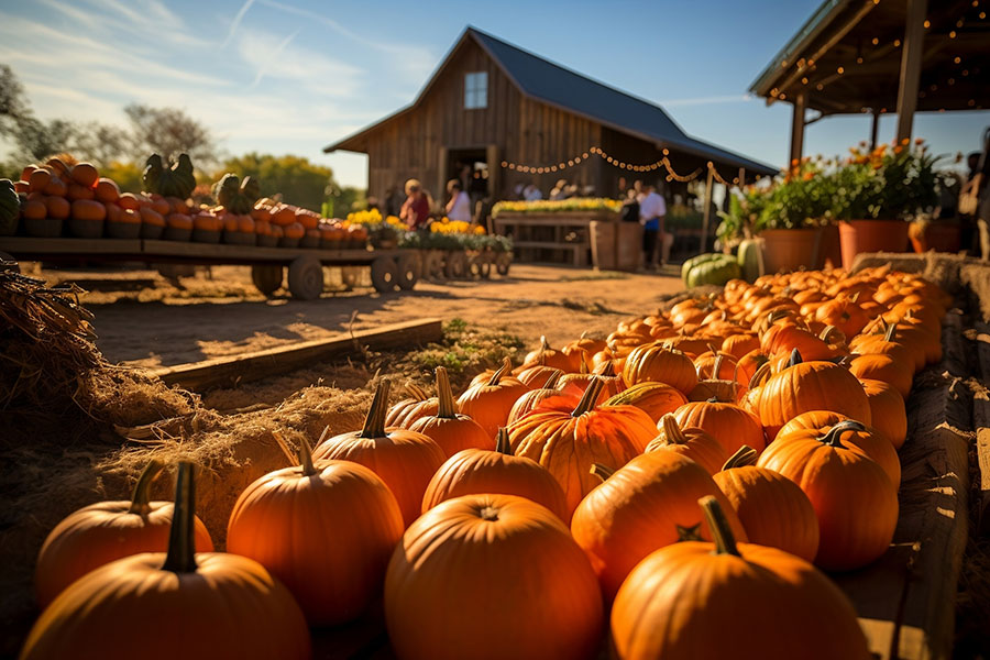 seasonal businesses pumpkins on a pumpkin patch farm autumn fall festival with light