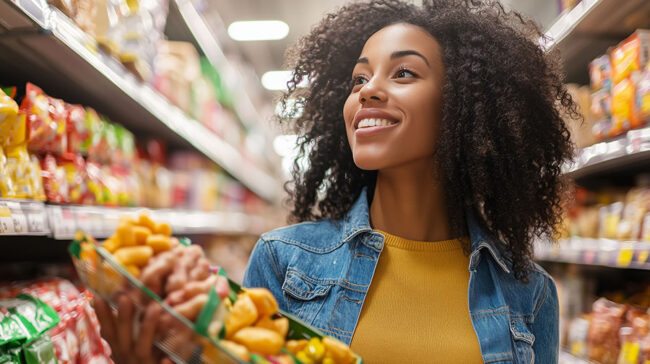 Excited person browsing a grocery aisle, shelves packed with vib Excited person browsing a grocery aisle, shelves packed with vib