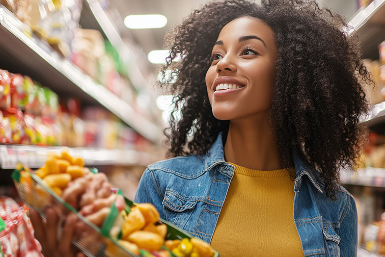 Excited person browsing a grocery aisle, shelves packed with vib