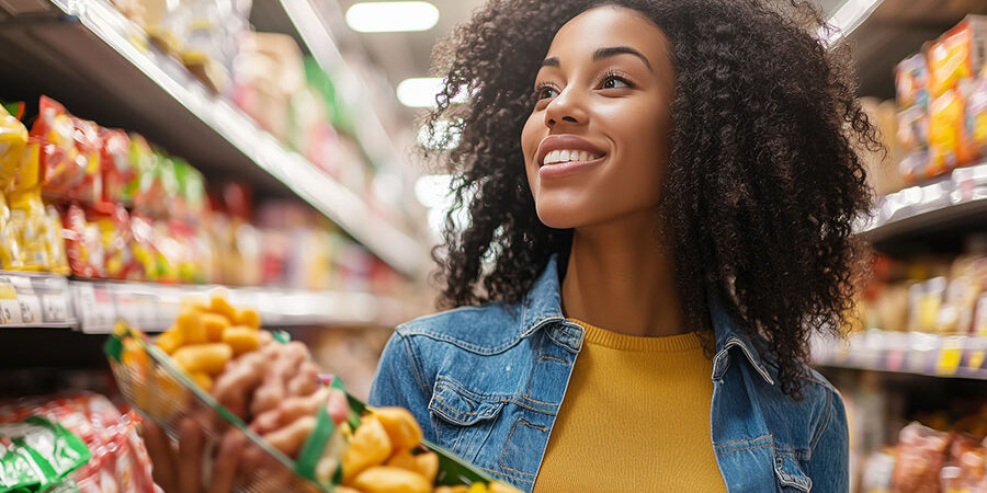 Excited person browsing a grocery aisle, shelves packed with vib Excited person browsing a grocery aisle, shelves packed with vib